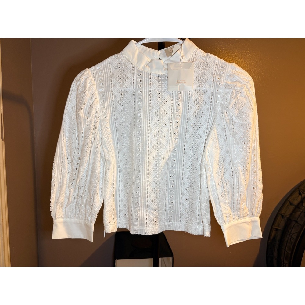 Choosy Embroidered‎ Eyelet Lace Blouse White Cropped 3/4 Sleeve XS NWT